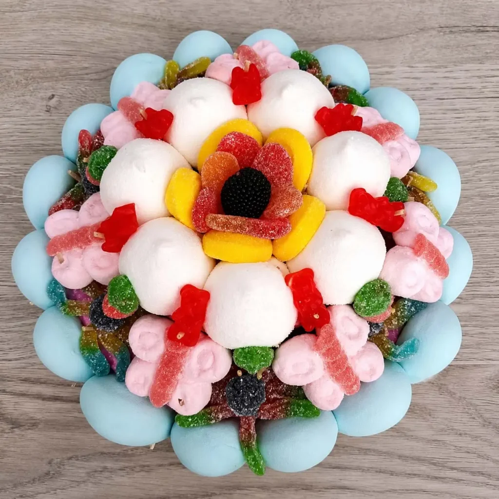 Tarta de chuches personalizada con gominolas y nubes de colores